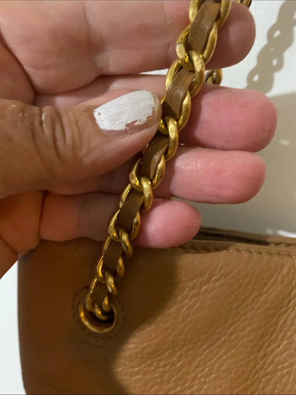 Tory Burch Camel Brown Leather Shoulder Tote with Gold Chain